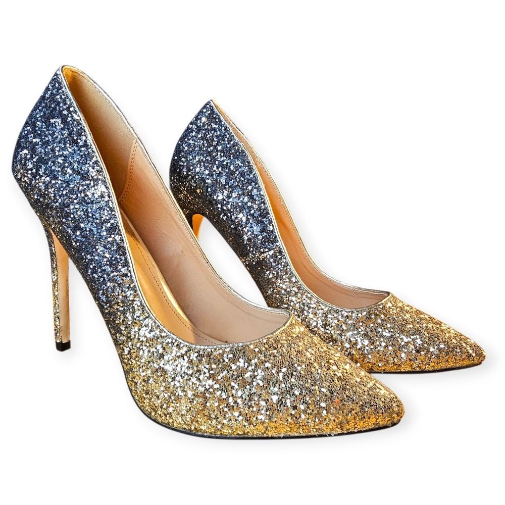 JustFab Sindra Black & Gold Glitter Pumps – Size 10 ✨👠